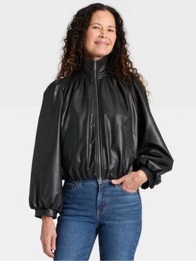 Universal Thread Black Faux Leather Zip-Up Bomber Jacket